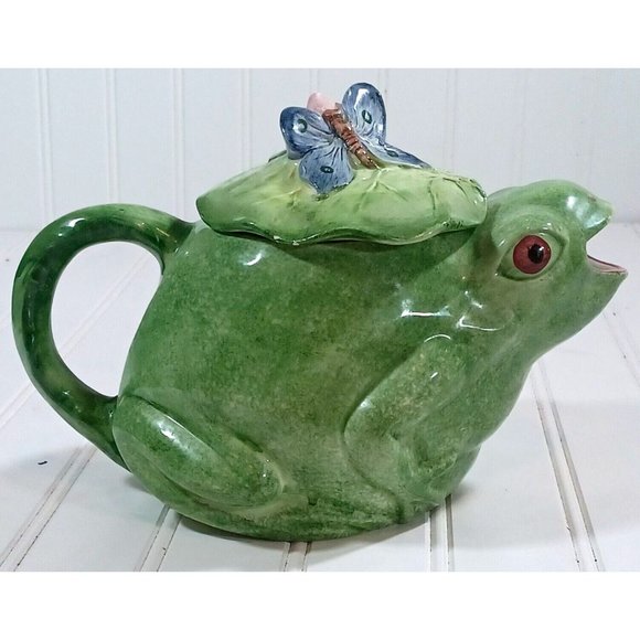 Vintage Signed Majolica Pottery Frog  Butterfly Capodimonte Teapot Made … - Picture 7 of 12